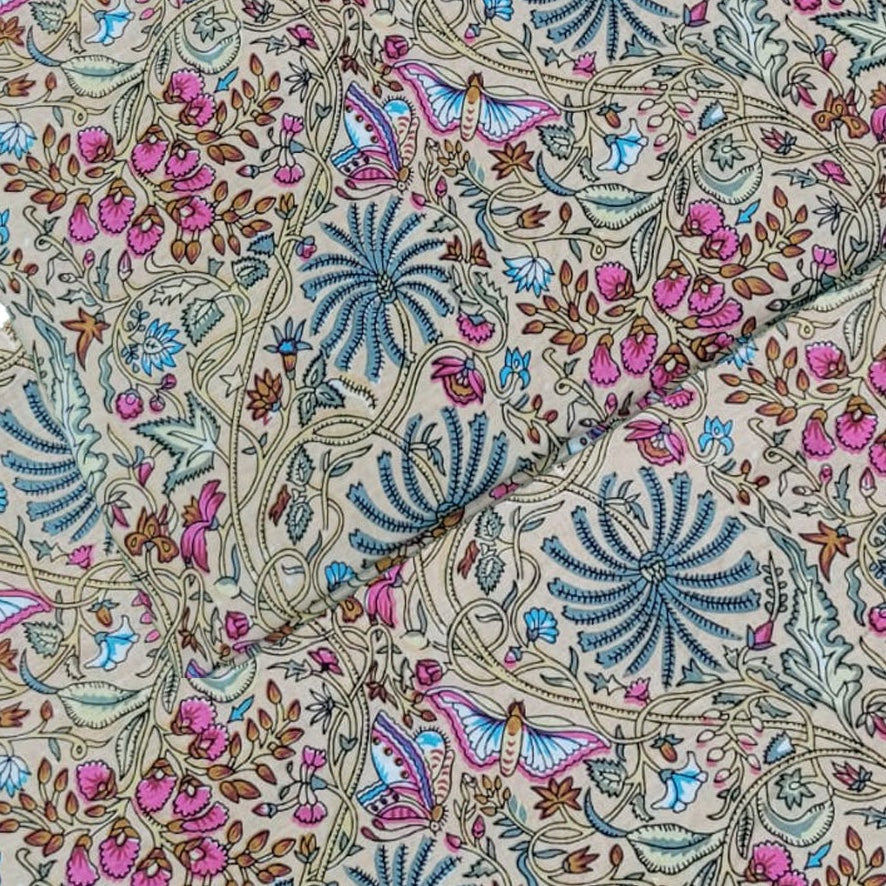 Butterflies Natural Block Printed Indian Cotton 1.6 Meter Remnant