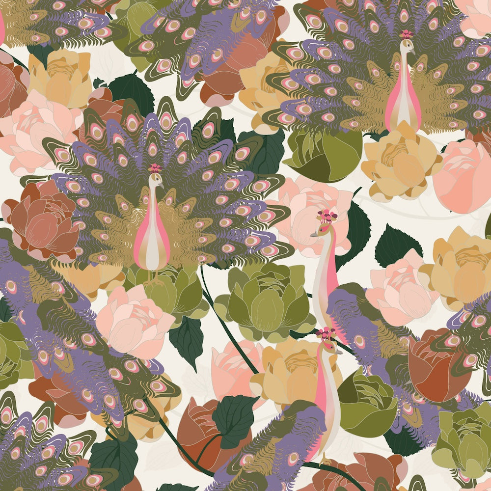 Peacocks & Peonies Amber Haze Ecru