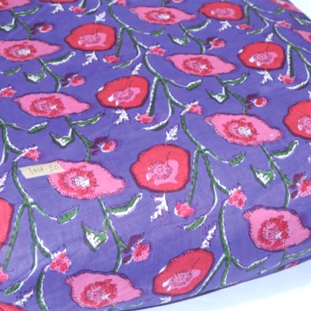 Poppies Deep Purple Block Printed Indian Cotton