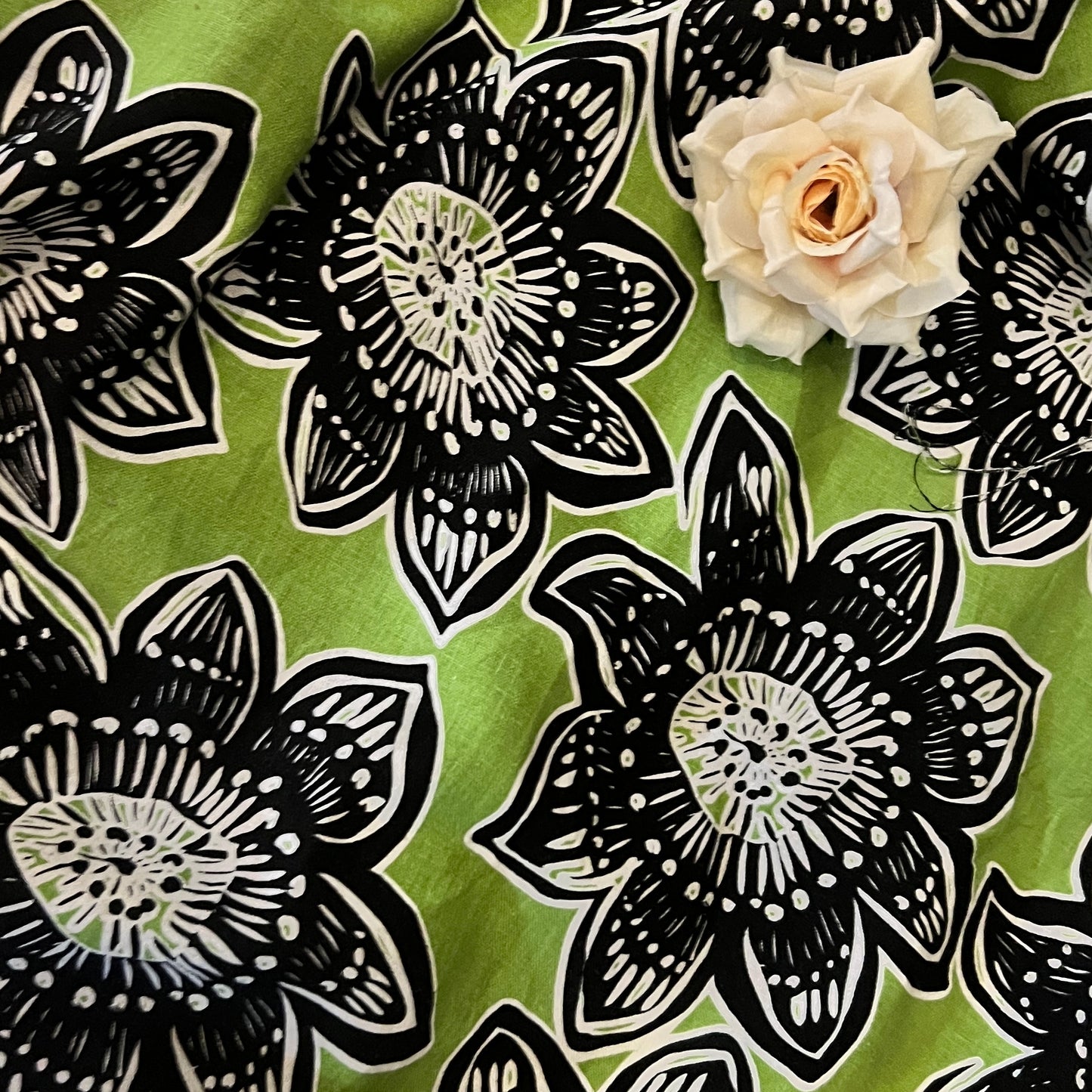 Bold Black Flower Avocado Linen