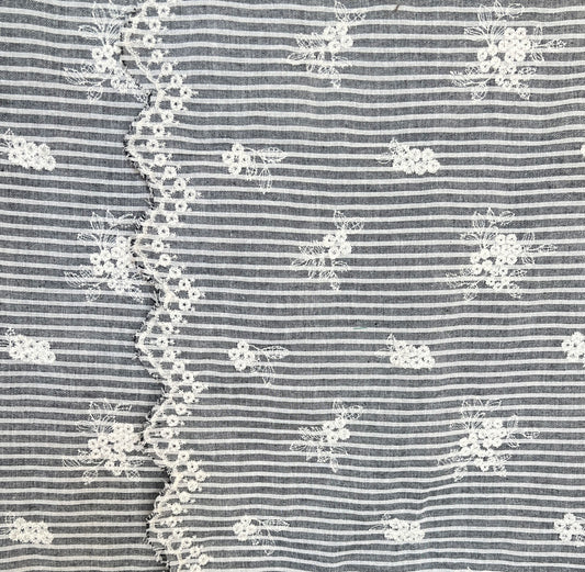 Madeleine Striped Embroidered Cotton Charcoal Sample